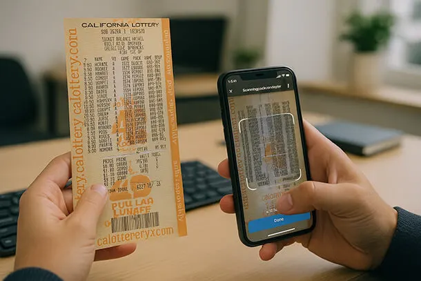 Lottery reconciliation workflow showing snap, scan, reconcile, and review steps